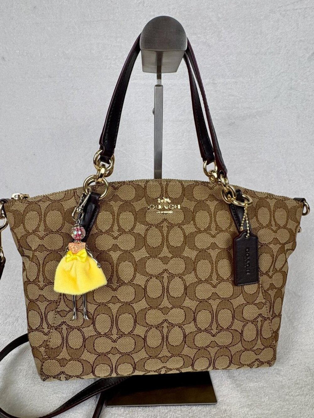 Coach Small Kelsey Satchel in Khaki Signature Jacquard, Leather Trim, Charm